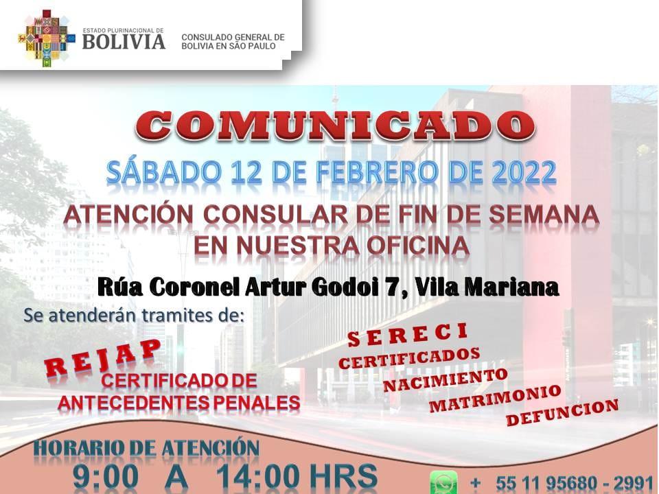 Consulado boliviano atende neste sábado 12 de fevereiro de 2022